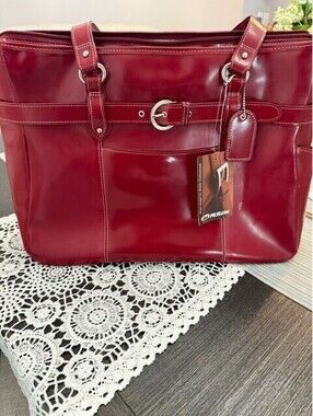 NWT McKlein Serra laptop tote real leather in red silver hardware - STUNNING